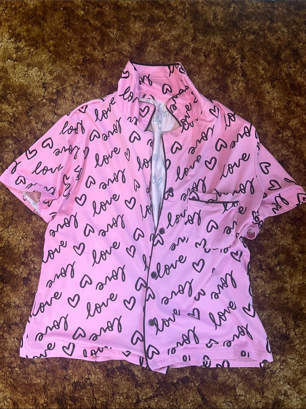 Pink 'Love' Heart Print pajama Button-Up Shirt